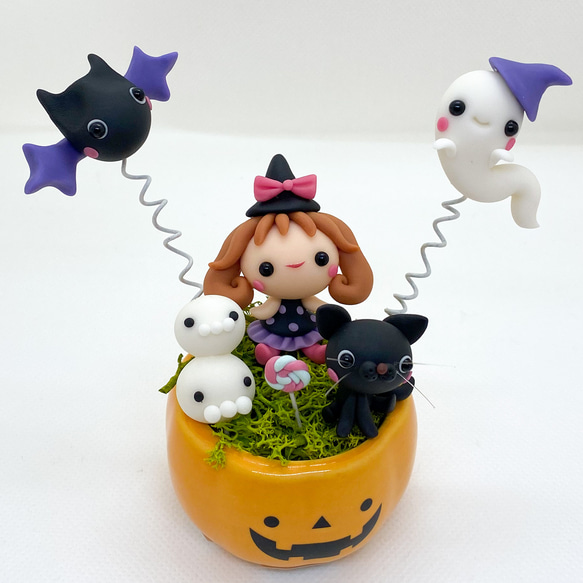 ハロウィン　かぼちゃポット　ミニチュア　季節飾り　魔女　樹脂粘土　黒猫　インテリア　ディスプレイ 1枚目の画像