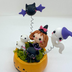 ハロウィン　かぼちゃポット　ミニチュア　季節飾り　魔女　樹脂粘土　黒猫　インテリア　ディスプレイ 2枚目の画像