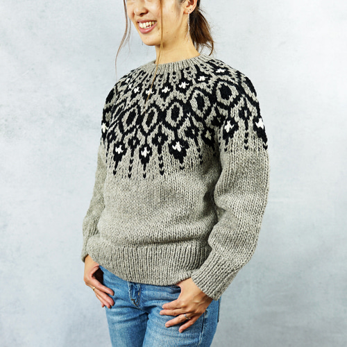 完売】ウール・ノルディック柄ニット（NP-4202-グレー）・ペルーニット