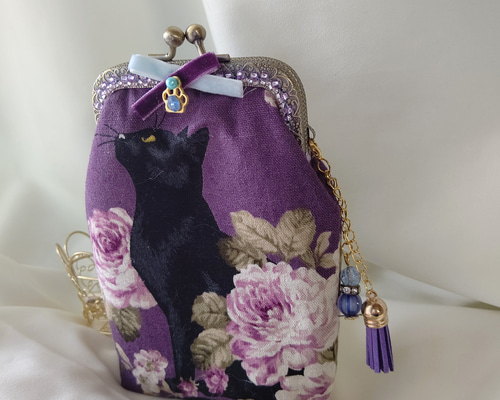 黒猫&薔薇 がま口☆メガネが入るポーチ タバコケース がま口 miu05 