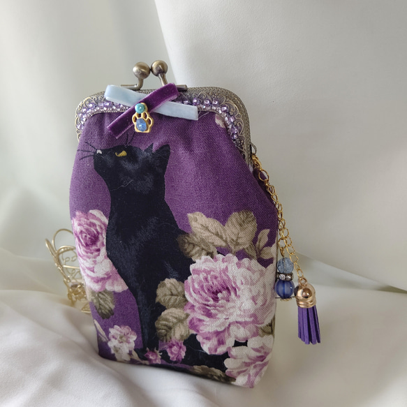 黒猫&薔薇 がま口☆メガネが入るポーチ タバコケース がま口 miu05 