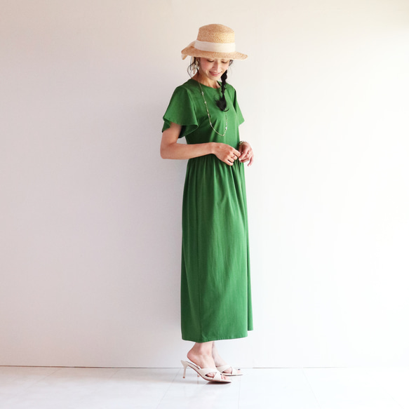[深綠色] 可水洗米蘭純棉汗布 100% 純棉喇叭袖轉換洋裝 ♥ 第6張的照片