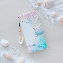 【スマホショルダーにもなる】貝殻の手帳型スマホケース　レインボー　壁紙&ストラップ付き 2枚目の画像
