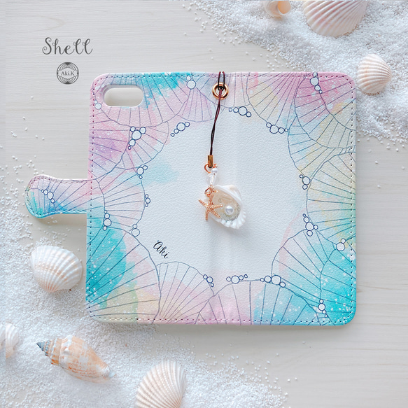 【スマホショルダーにもなる】貝殻の手帳型スマホケース　レインボー　壁紙&ストラップ付き 1枚目の画像