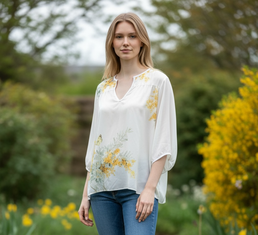 XXS〜7XL ミモザ　水彩フラワーブラウス