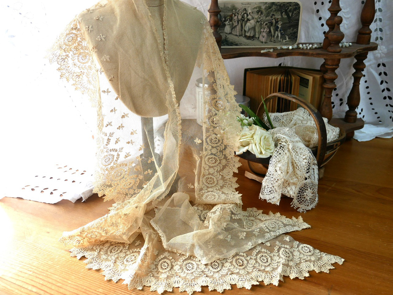 フランスアンティークアプリケーションニードルレースロングカラー