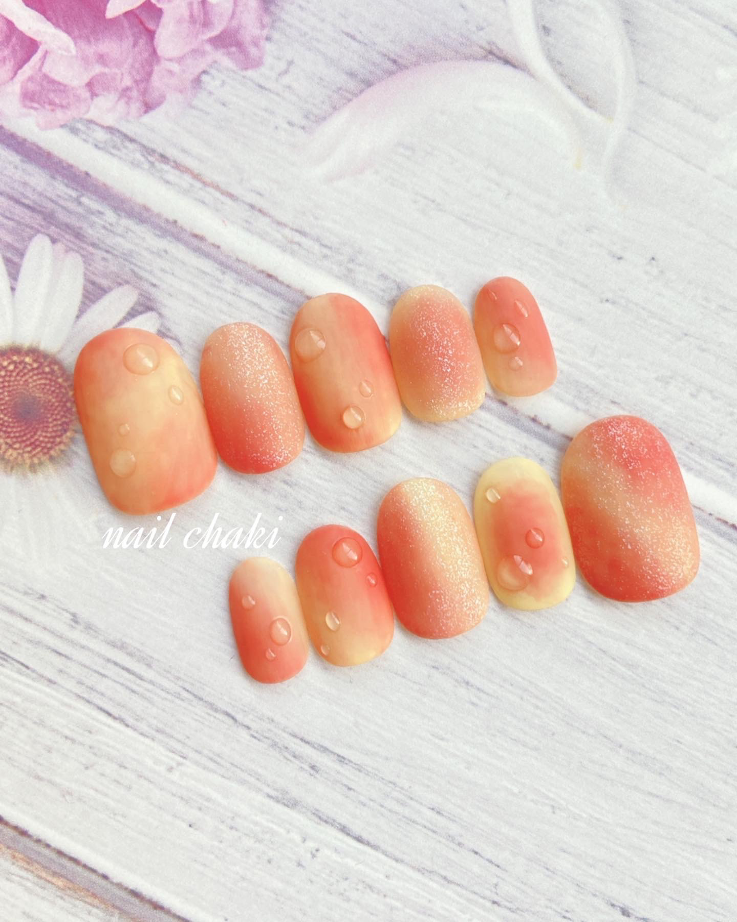 ネイルチップ ワンホン 桃 水滴 フラッフィー ネイルチップ ワンホン 桃 水滴 フラッフィー