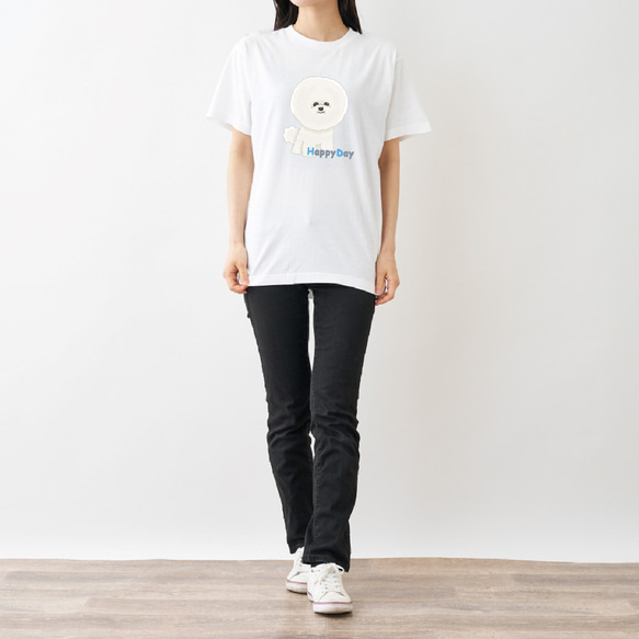 ビションフリーゼのHappy Day　ビッグプリントTシャツ ホワイト 6枚目の画像