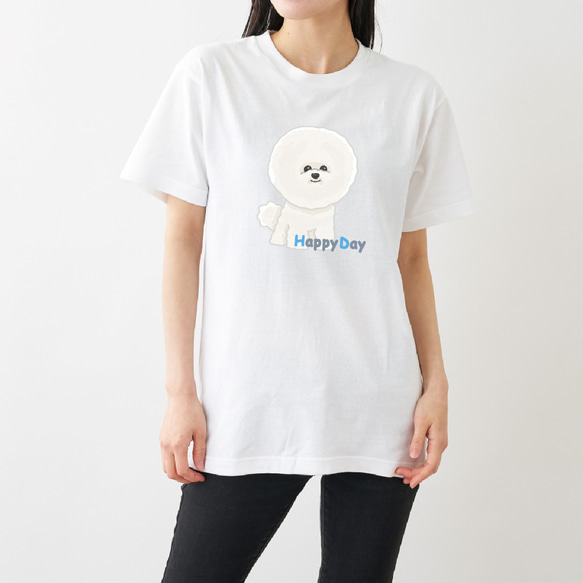ビションフリーゼのHappy Day　ビッグプリントTシャツ ホワイト 1枚目の画像