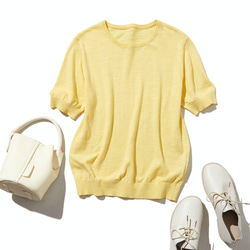 棉麻短袖針織衫，易於混搭，優雅大方 黃色 220707-2 第1張的照片