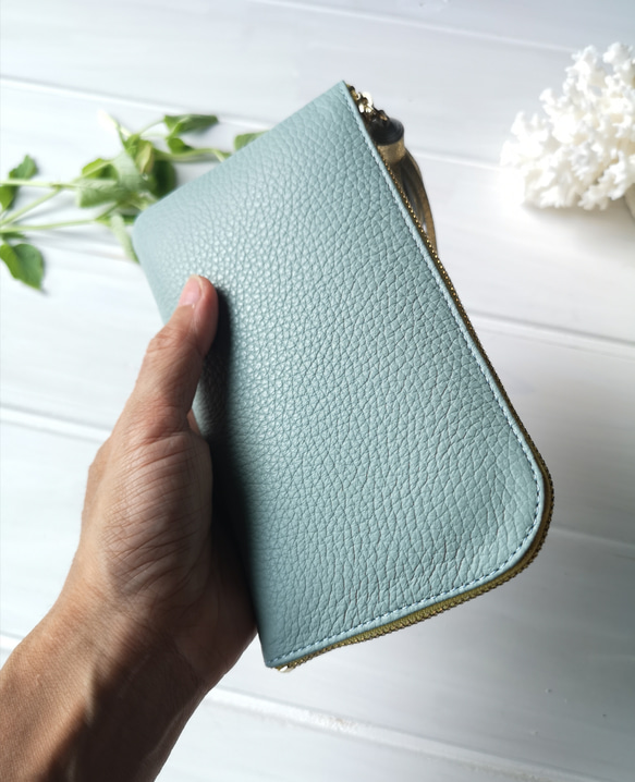 【受注生産】使いやすくてコンパクト☆L字ファスナー長財布『coron』lightbluegreen×yellow 4枚目の画像