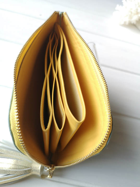 【受注生産】使いやすくてコンパクト☆L字ファスナー長財布『coron』lightbluegreen×yellow 7枚目の画像