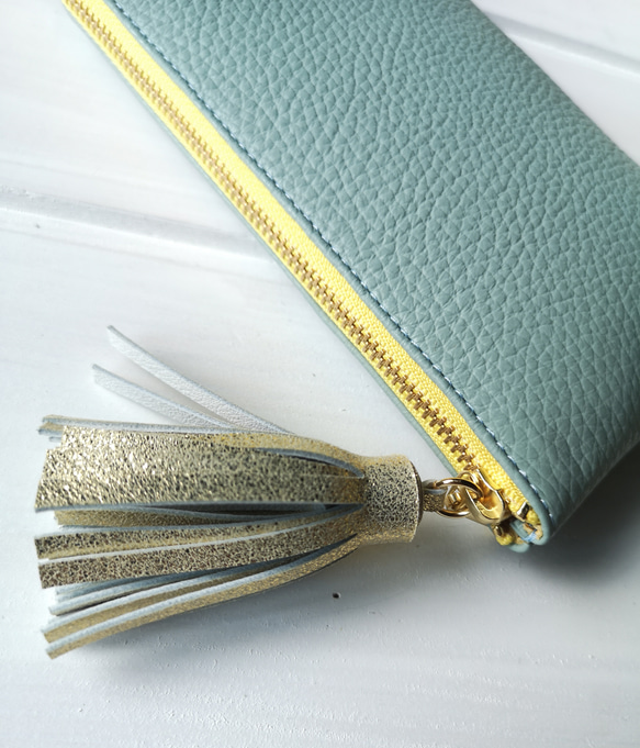 【受注生産】使いやすくてコンパクト☆L字ファスナー長財布『coron』lightbluegreen×yellow 5枚目の画像