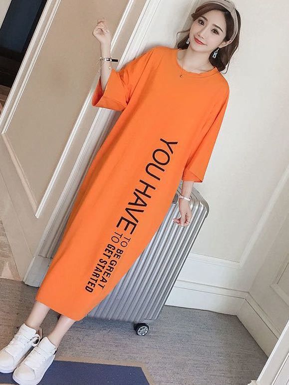 ロング丈 tシャツ ワンピース 英字ロゴ オレンジ ロングスカート