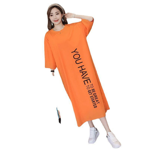 ロング丈 tシャツ ワンピース 英字ロゴ オレンジ ロングスカート