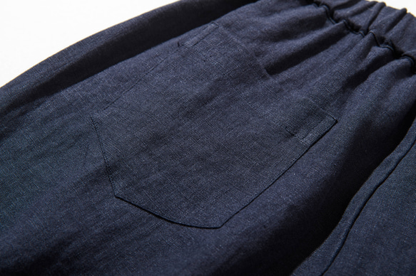 ウエストが楽な着やせワイドパンツ　リネンロングパンツ　秋冬にも　紺色　200907-6 7枚目の画像