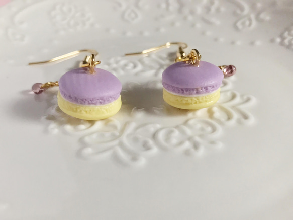 紫×黃雙色馬卡龍耳環  (耳勾/耳夾) 第3張的照片