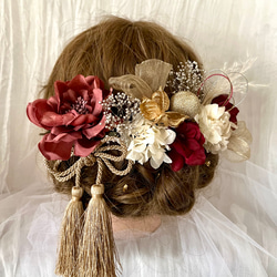 《送料無料》髪飾り 成人式 和装 卒業式 プラチナ×ゴールド×ボルドー アネモネ タッセル 3枚目の画像