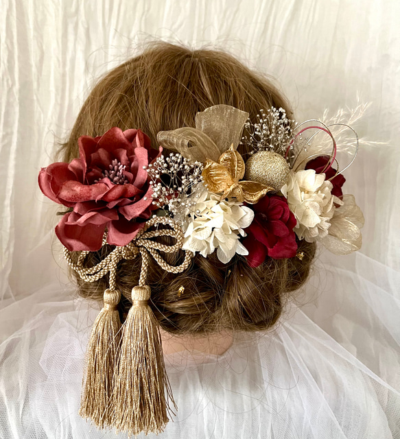 《送料無料》髪飾り 成人式 和装 卒業式 プラチナ×ゴールド×ボルドー アネモネ タッセル 3枚目の画像