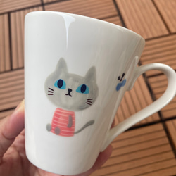 【再販】マグカップ　陶器　猫　グレー　ボーダー　手描き　ハンドペイント 磁器　名入れ 6枚目の画像
