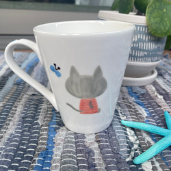 【再販】マグカップ　陶器　猫　グレー　ボーダー　手描き　ハンドペイント 磁器　名入れ 3枚目の画像