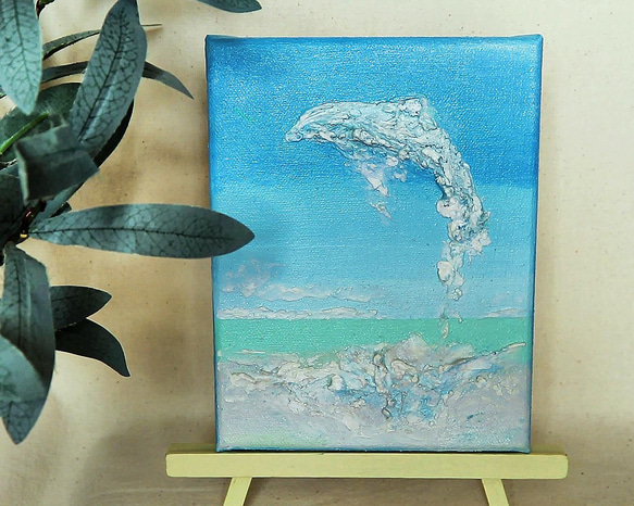 イルカ跳ぶ／アクリル作品　キャンバス　原画　F０号　ハワイ　青い空　水しぶき 3枚目の画像