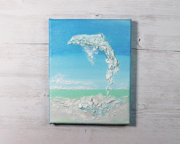 イルカ跳ぶ／アクリル作品　キャンバス　原画　F０号　ハワイ　青い空　水しぶき 2枚目の画像