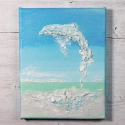 イルカ跳ぶ／アクリル作品　キャンバス　原画　F０号　ハワイ　青い空　水しぶき 1枚目の画像