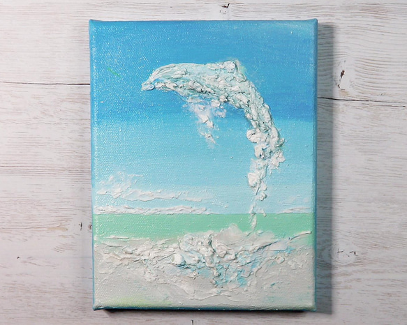 イルカ跳ぶ／アクリル作品　キャンバス　原画　F０号　ハワイ　青い空　水しぶき 1枚目の画像