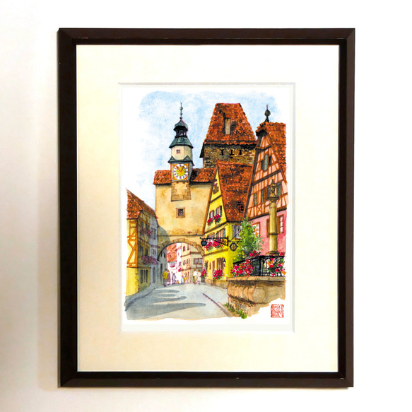 水彩風景画 額装品(ジークレープリント) 『ローテンブルクの街 水彩風景画 額装品(ジークレープリント) 『ローテンブルクの街