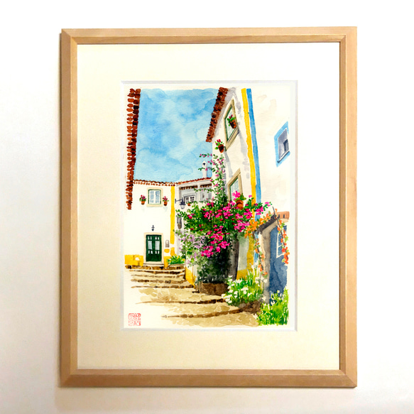 水彩風景画 額装品（ジークレープリント） 『ブーゲンビリアの咲く小道