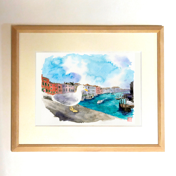 プリント絵画　Cariofillee 水彩風景画 額装品（ジークレープリント） 『リアルト橋から望む