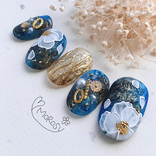 MOROSY226☆和装 和風 成人式 和柄 金箔 花 ネイルチップ 黒 ゴールド  