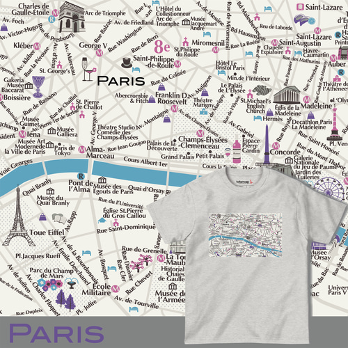 map-T パリ（フランス）地図 半袖Tシャツ Tシャツ totemap 通販