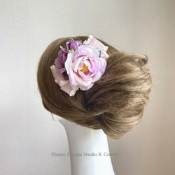 ピンクの薔薇とユーカリの実のリボンのコーム　フラメンコ　お花のコーム　ペイネタ　髪飾り　卒業袴　ダンス髪飾り薔薇 7枚目の画像