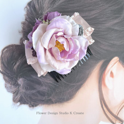 ピンクの薔薇とユーカリの実のリボンのコーム　フラメンコ　お花のコーム　ペイネタ　髪飾り　卒業袴　ダンス髪飾り薔薇 9枚目の画像