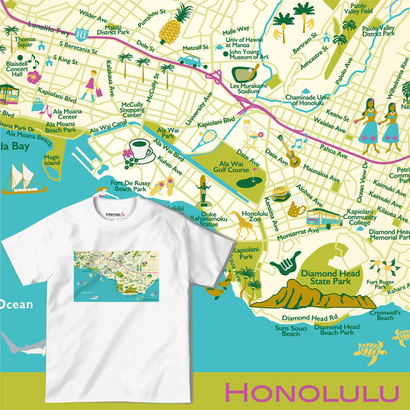 map-T ホノルル（ハワイ）地図 半袖Tシャツ 1枚目の画像