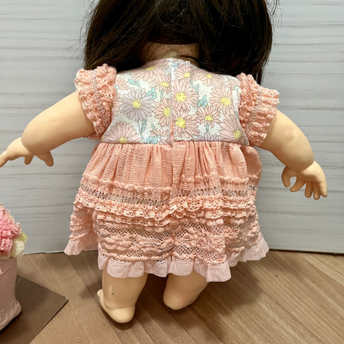 受注制作】ぽぽちゃん服 デイジー柄ワンピース(フリル袖、ピンク