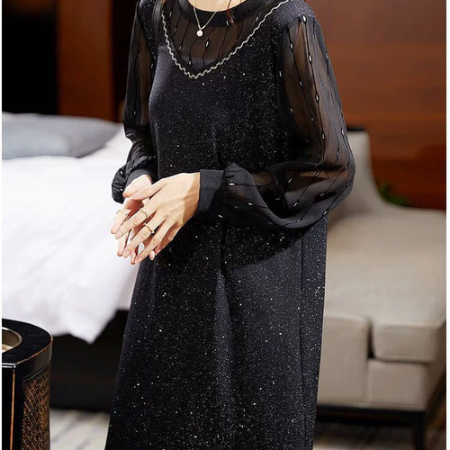 ひざ丈 キラキラ ラメ入り ワンピース シースルー 袖 ロングスカート