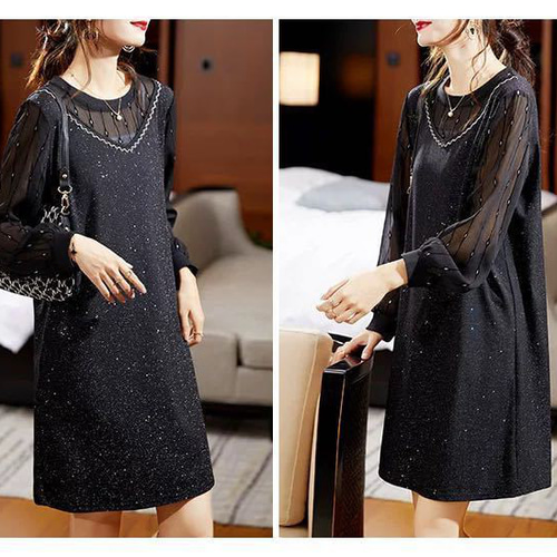 ひざ丈 キラキラ ラメ入り ワンピース シースルー 袖 ロングスカート