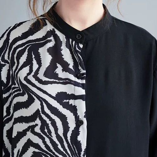 シャツ ワンピース ロング丈 前開き ゼブラ柄 切り替え ブラック シャツ ワンピース ロング丈 前開き ゼブラ柄 切り替え ブラック