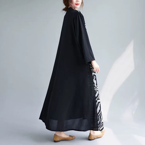 シャツ ワンピース ロング丈 前開き ゼブラ柄 切り替え ブラック