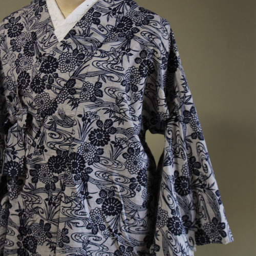 しつけ付き 綿 本染 型染 藍染め 紬 浴衣 着物 夏物 162 綿着物