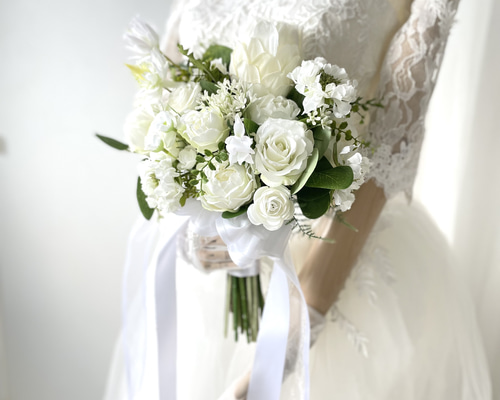 白薔薇ナチュラルブーケ ブートニアセット ウェディングブーケ ブーケ