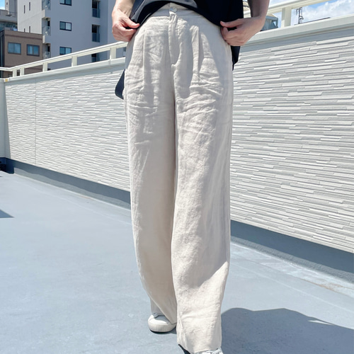新作再販】麻リネン100％ワイドタックストレートパンツ（生成り