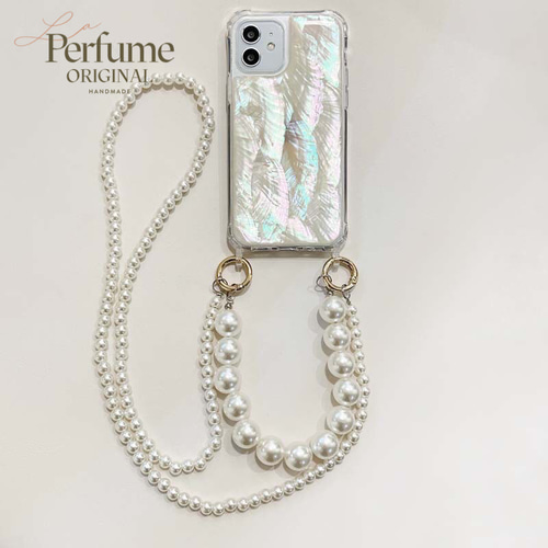 キラキラ天然シェル パープルブルー♡二連パールチェーン✨オリジナル iPhone キラキラ天然シェル✨パープル 紫 大粒パールチェーン付き