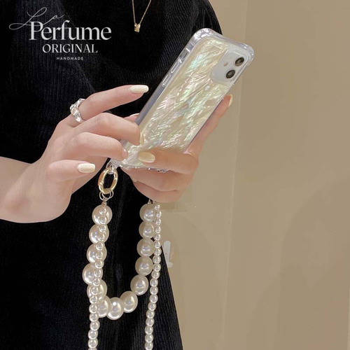 キラキラ天然シェル ホワイト 白♡大粒パールチェーン✨オリジナル iPhone キラキラ天然シェル✨ホワイト 白 大粒パールチェーン付き オリジナル