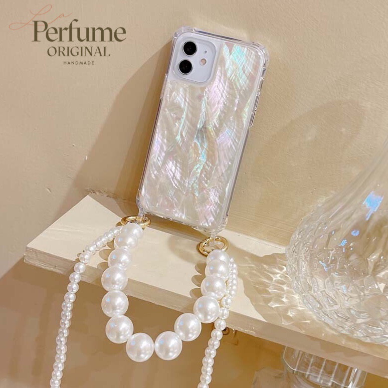 キラキラ天然シェル✨二連パールチェーン付き ホワイト オリジナル スマホケース 夏 海【受注生産】