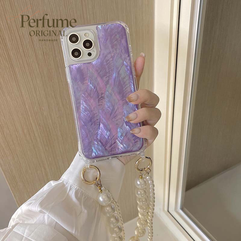 キラキラ天然シェル✨二連パールチェーン付き パープル オリジナル スマホケース 夏 海【受注生産】