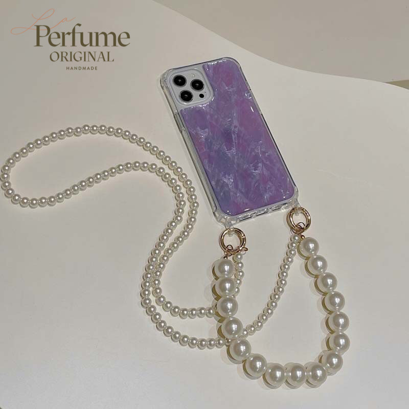 キラキラ天然シェル✨二連パールチェーン付き パープル オリジナル スマホケース 夏 海【受注生産】